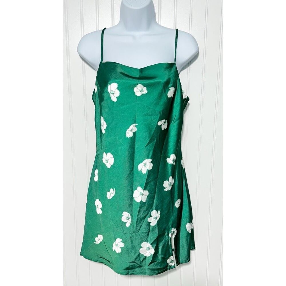 Princess Polly Women's Floral Satin Slip Mini‎ Dress Green Size 6